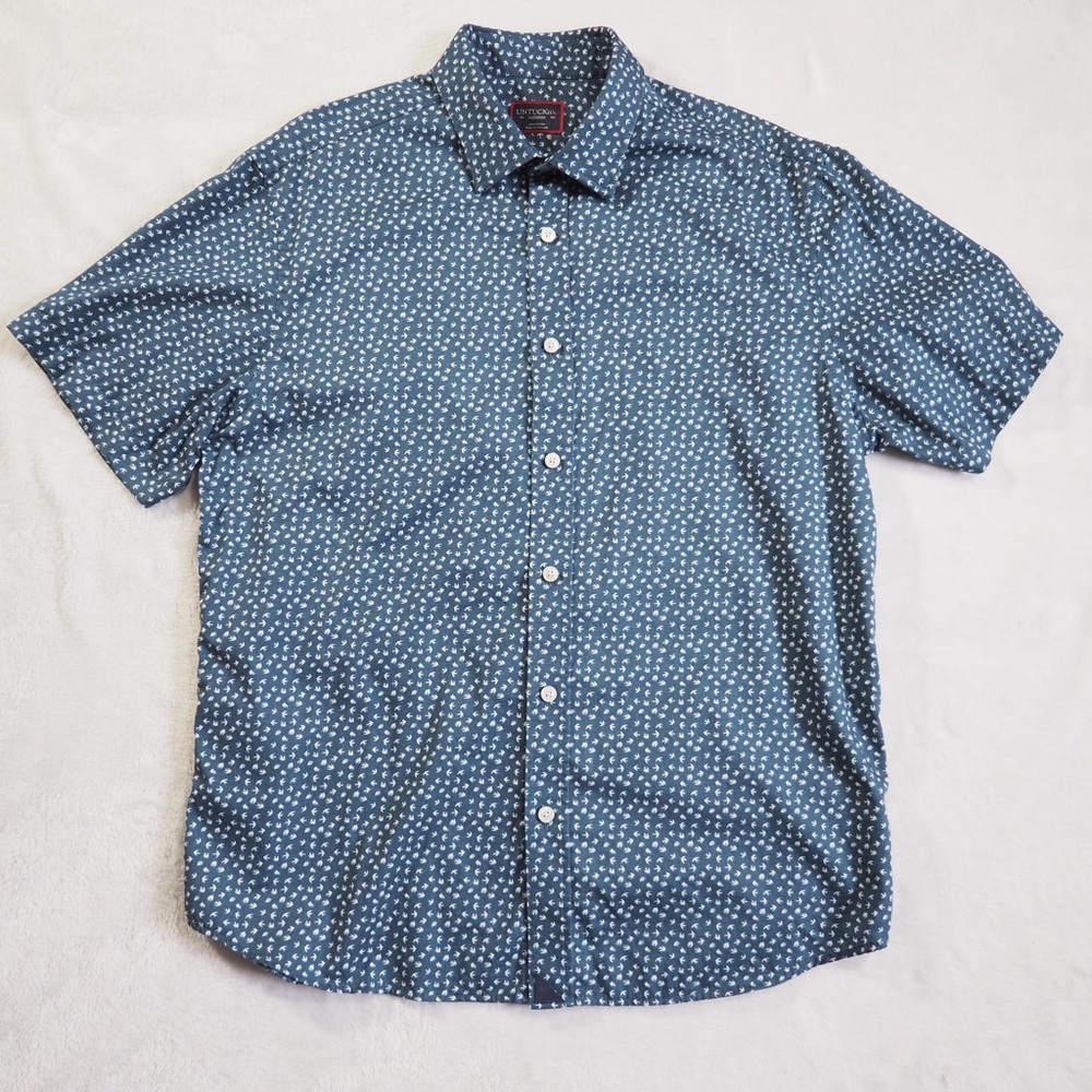 UNTUCKit Sz M Blue Short Sleeve Button-Down Cotton Shirt with White Micro Print